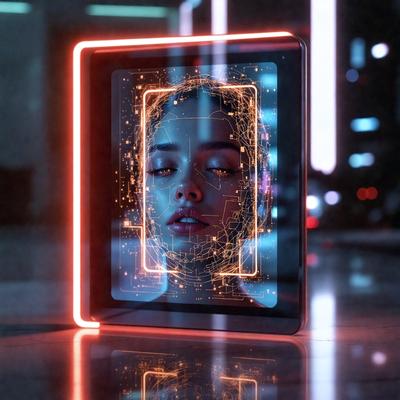 The primary subject of the image is a woman's face, which is displayed on a screen. The setting is a room with a table, and the visual style appears to be a digital art or illustration. The colors and mood of the image are predominantly blue and orange, creating a futuristic and vibrant atmosphere.
